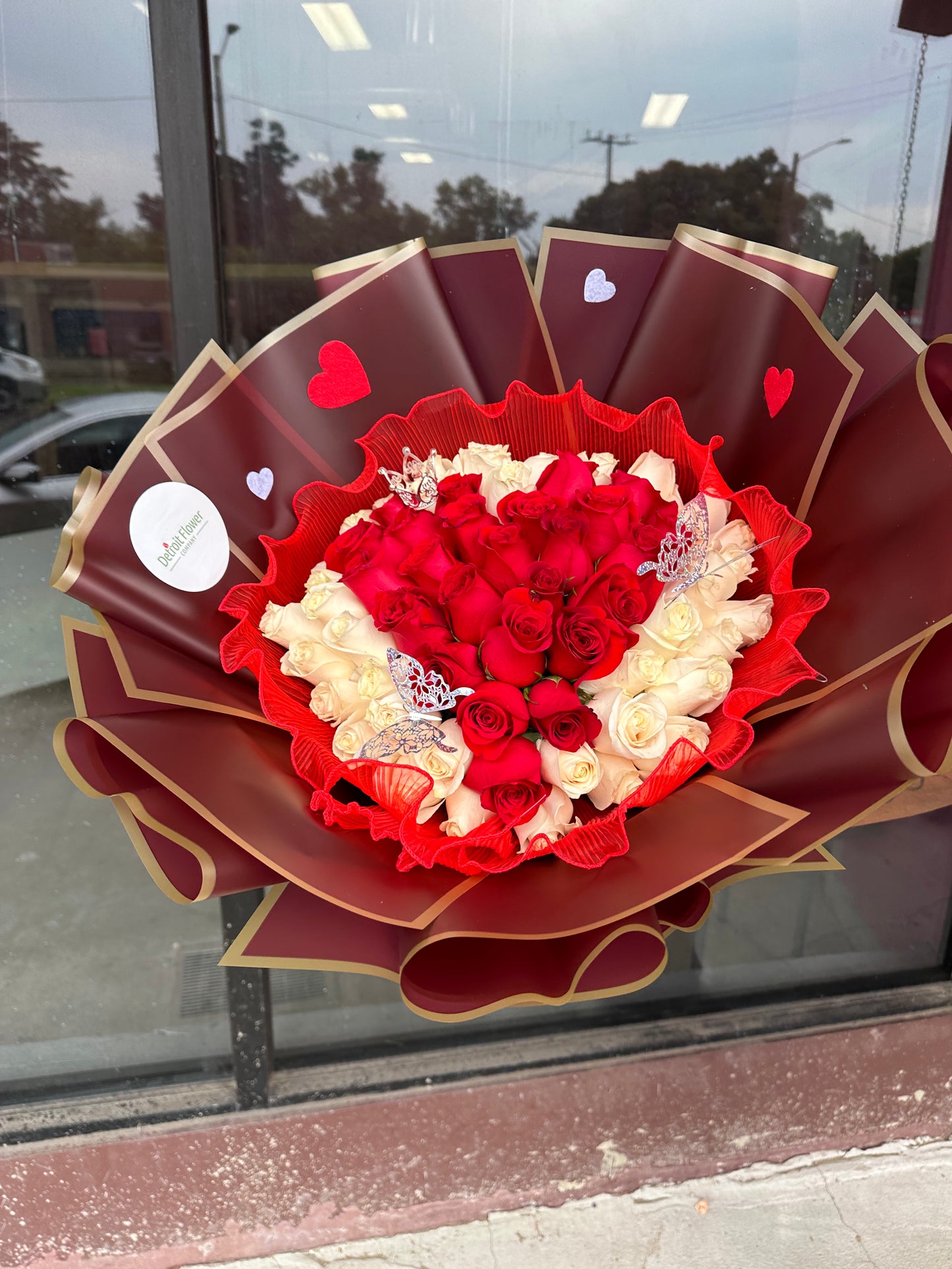 50 Red & White Heart Rose Arrangement