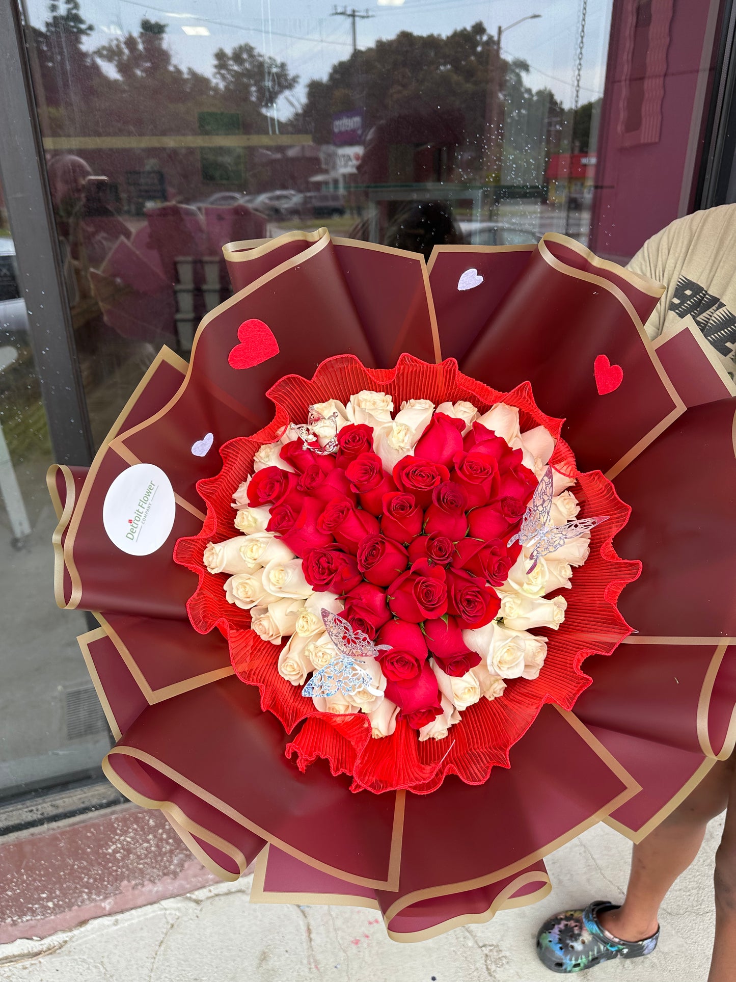 50 Red & White Heart Rose Arrangement