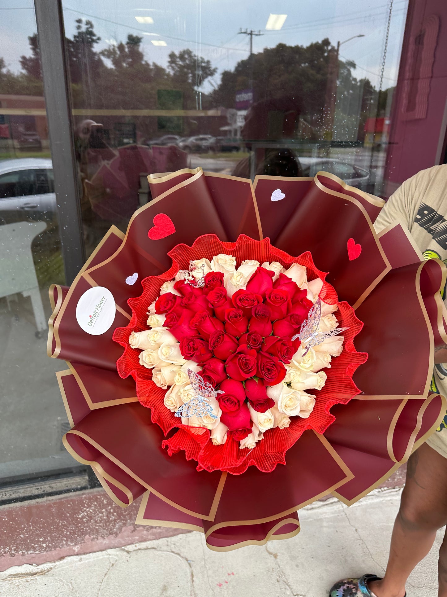 50 Red & White Heart Rose Arrangement