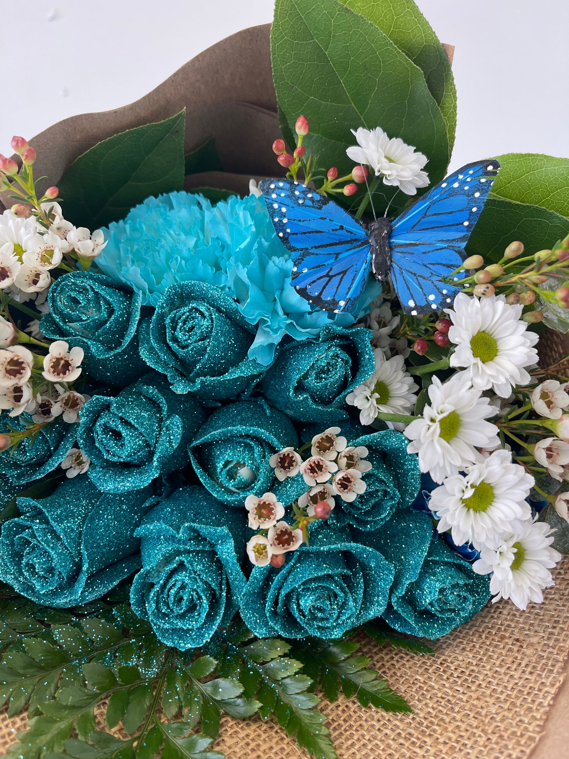 Blue Tinted Rose Bouquet with Silver Glitter 12-Stem